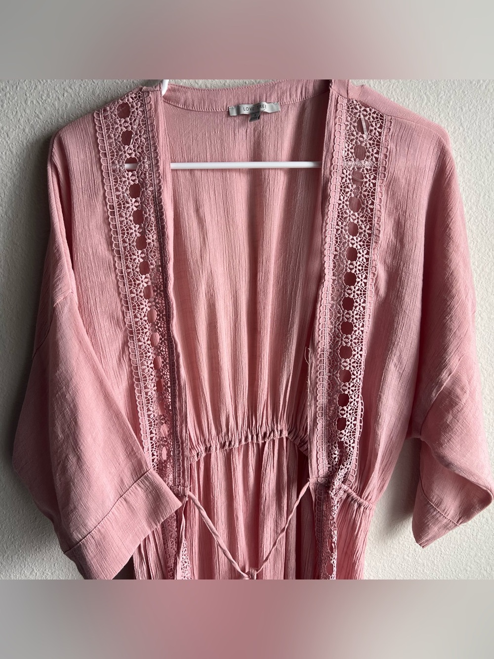 Love Tree Blush Pink Crochet Trim Kimono Duster Cardigan - Picture 3 of 10